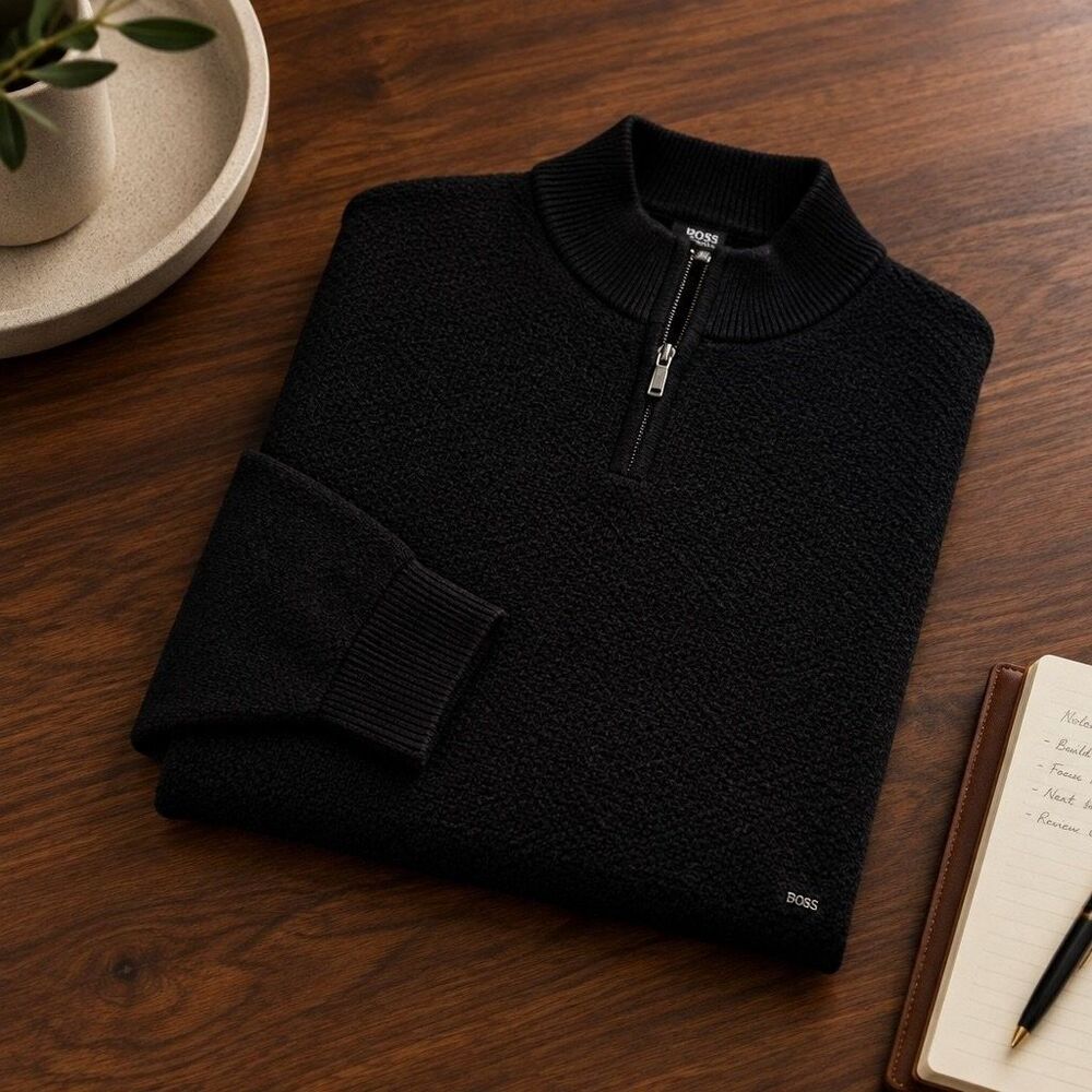 Michael Kors Mens Large Black Waffle Knit Quarter Zip Mock Neck Pullover Sweater